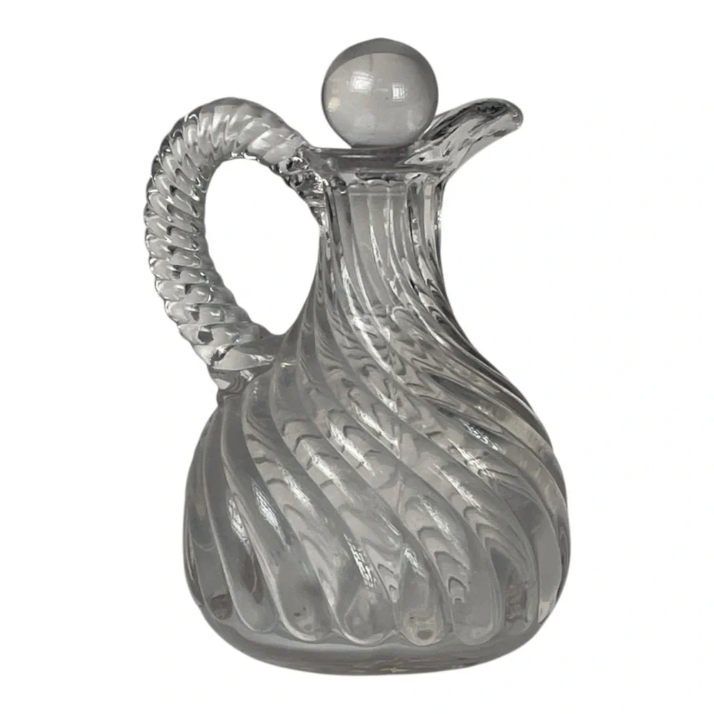Vintage Clear Glass Oil /Vinegar Cruet Bottle With Swirl Pattern & Ball Stopper